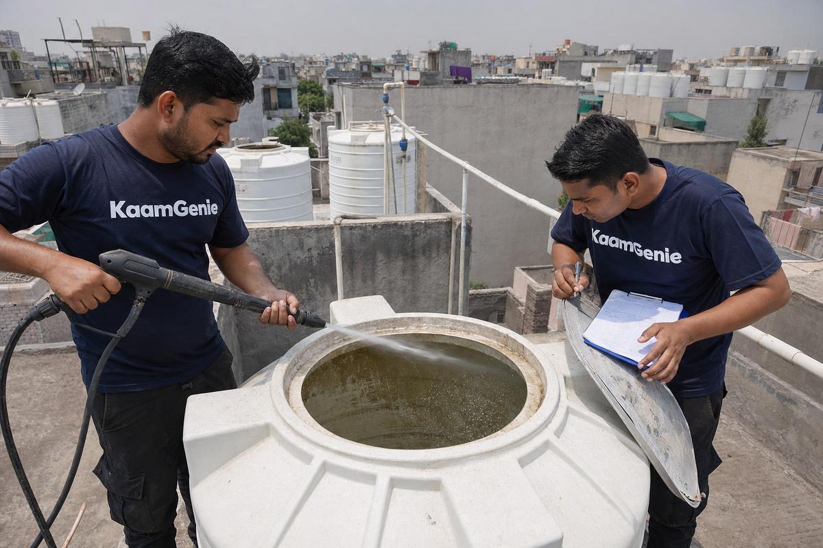 KaamGenie crew cleaning a water tank on a North-West Delhi rooftop