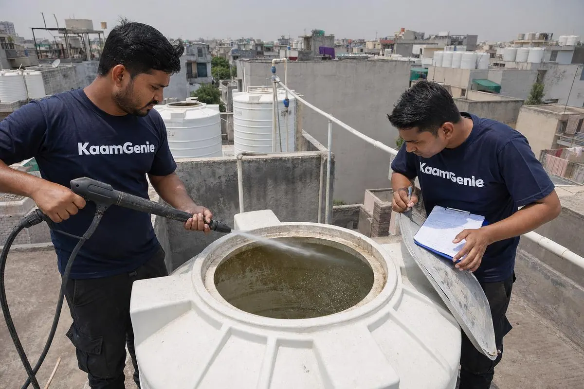 KaamGenie crew cleaning a water tank on a North-West Delhi rooftop