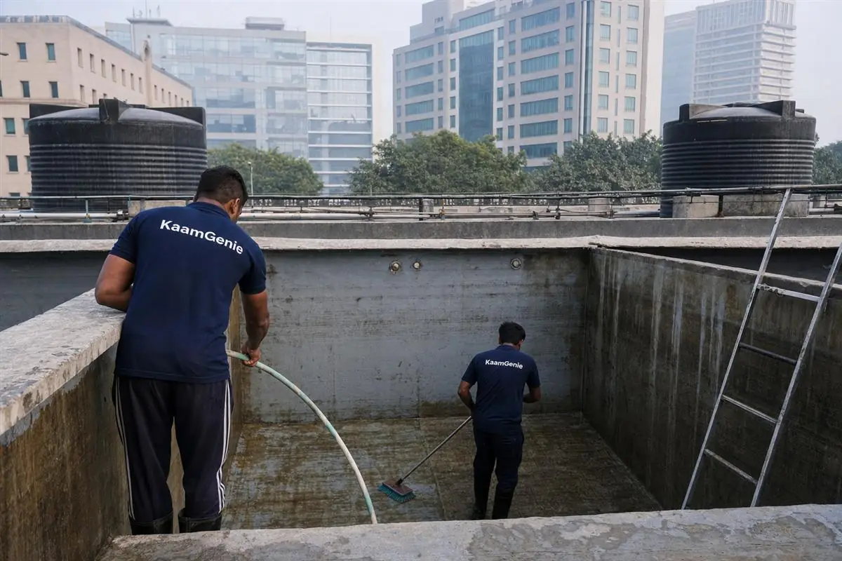 KaamGenie crew in navy shirts cleaning a large underground water reservoir behind a Delhi corporate office building with office towers behind