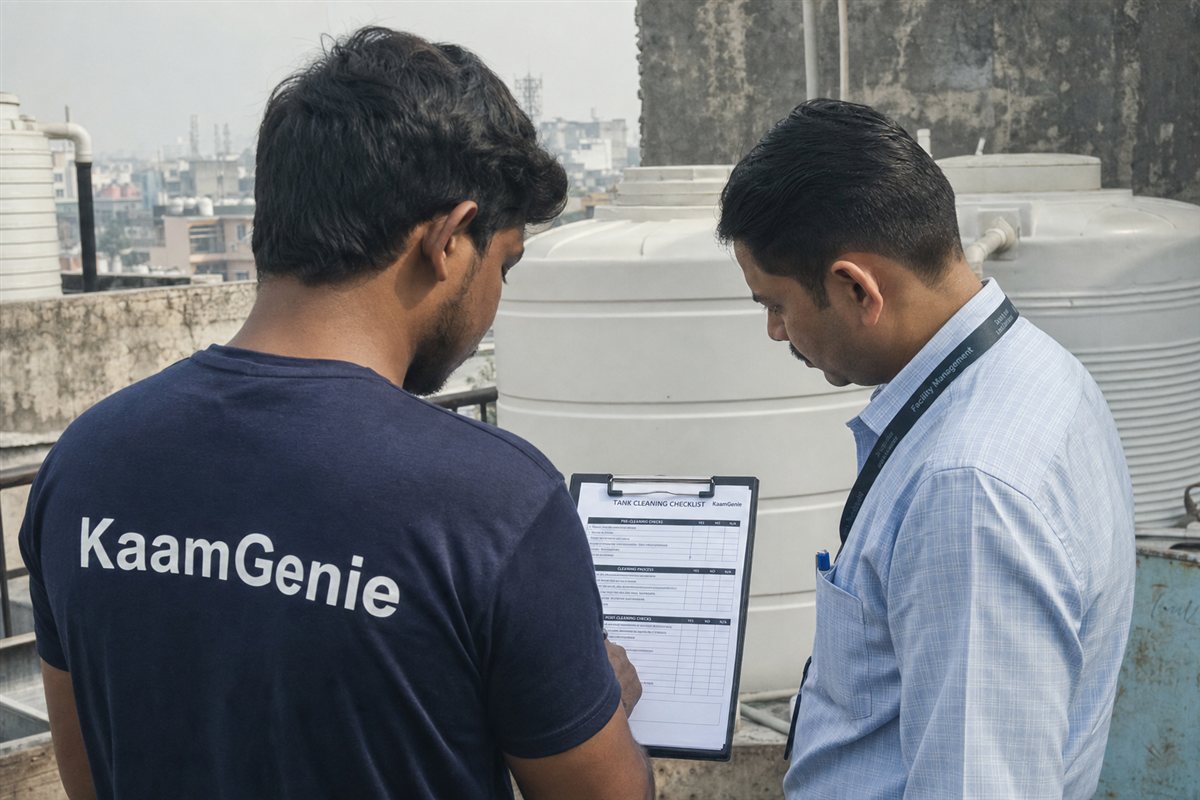 KaamGenie worker in a navy shirt reviewing a water tank cleaning checklist with an office facility manager in Delhi