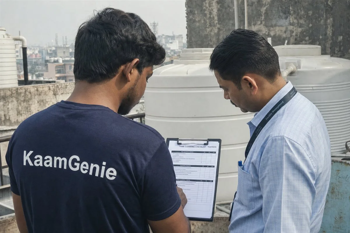KaamGenie worker in a navy shirt reviewing a water tank cleaning checklist with an office facility manager in Delhi