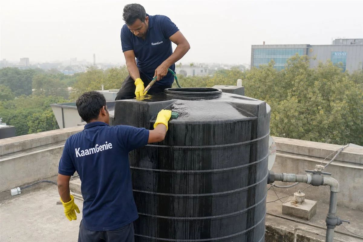 Two KaamGenie workers in navy shirts cleaning a large rooftop water tank on a Delhi office building terrace