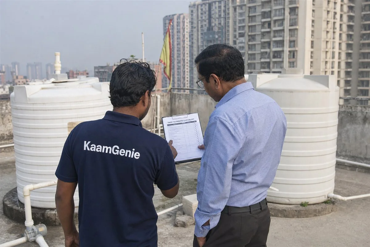 A KaamGenie worker in a navy shirt reviewing a tank cleaning checklist with a Gurgaon facility manager beside a corporate building reservoir