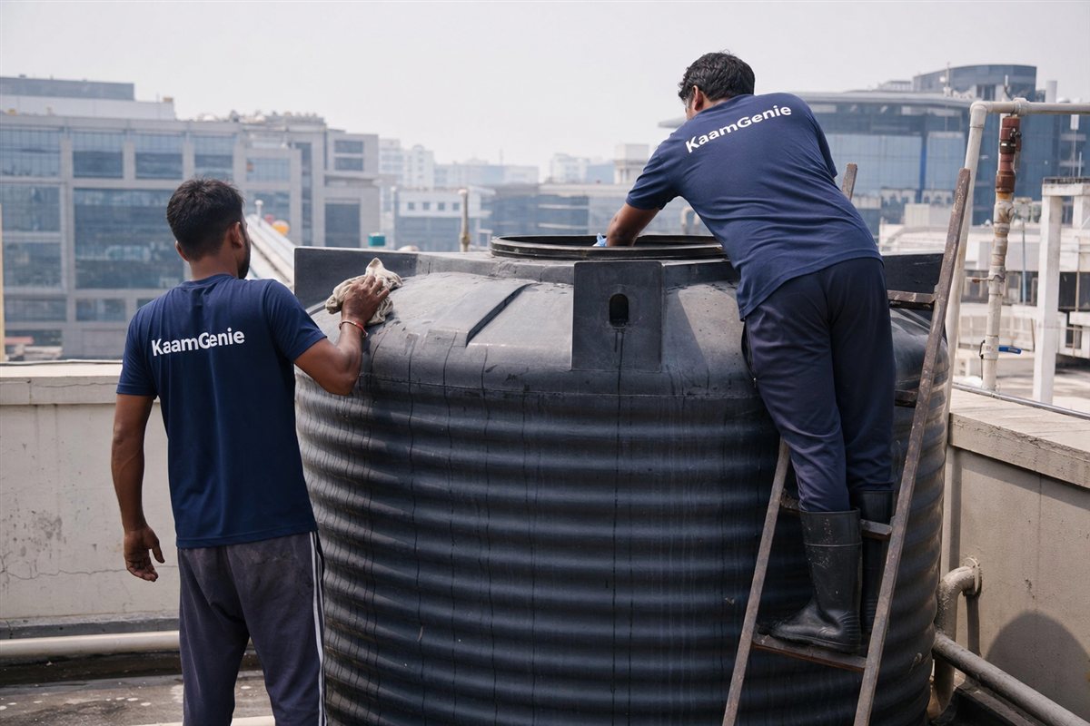 Two KaamGenie workers in navy shirts cleaning a large rooftop water tank on a Gurgaon office building