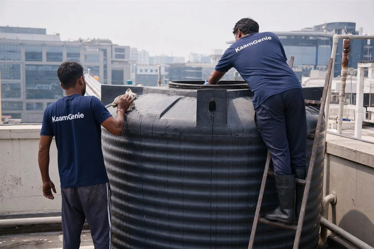 Two KaamGenie workers in navy shirts cleaning a large rooftop water tank on a Gurgaon office building