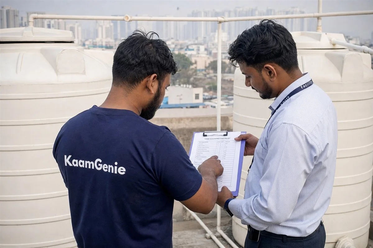 KaamGenie worker in a navy shirt reviewing a tank cleaning checklist with a Noida office facility manager beside a reservoir