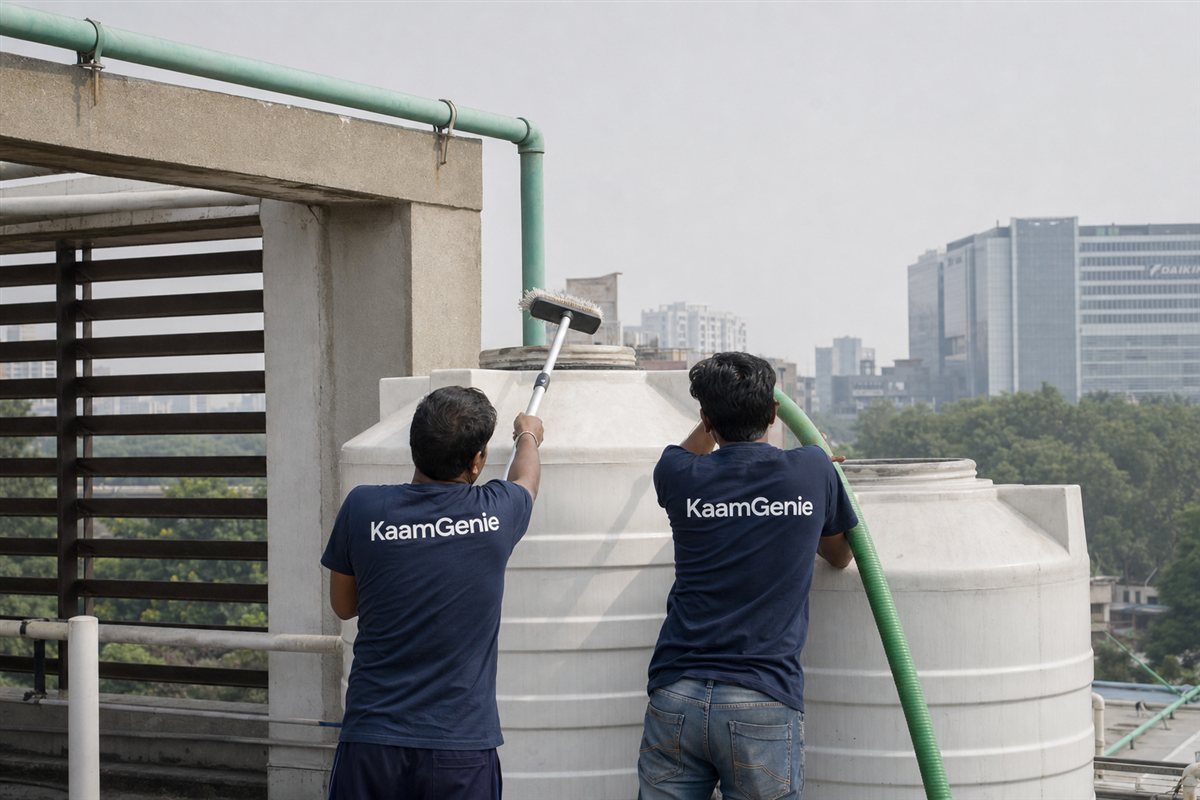 Two KaamGenie workers in navy shirts cleaning a large rooftop water tank on a Noida corporate office building