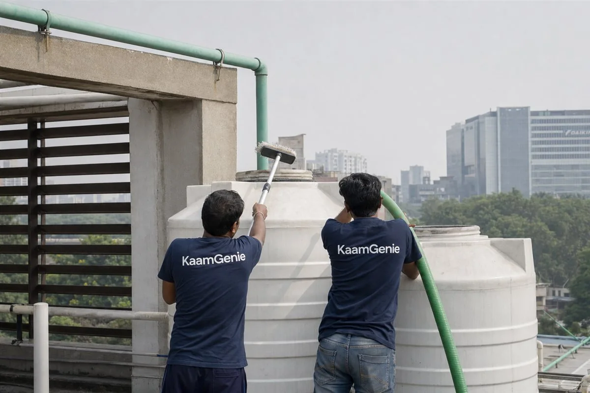 Two KaamGenie workers in navy shirts cleaning a large rooftop water tank on a Noida corporate office building