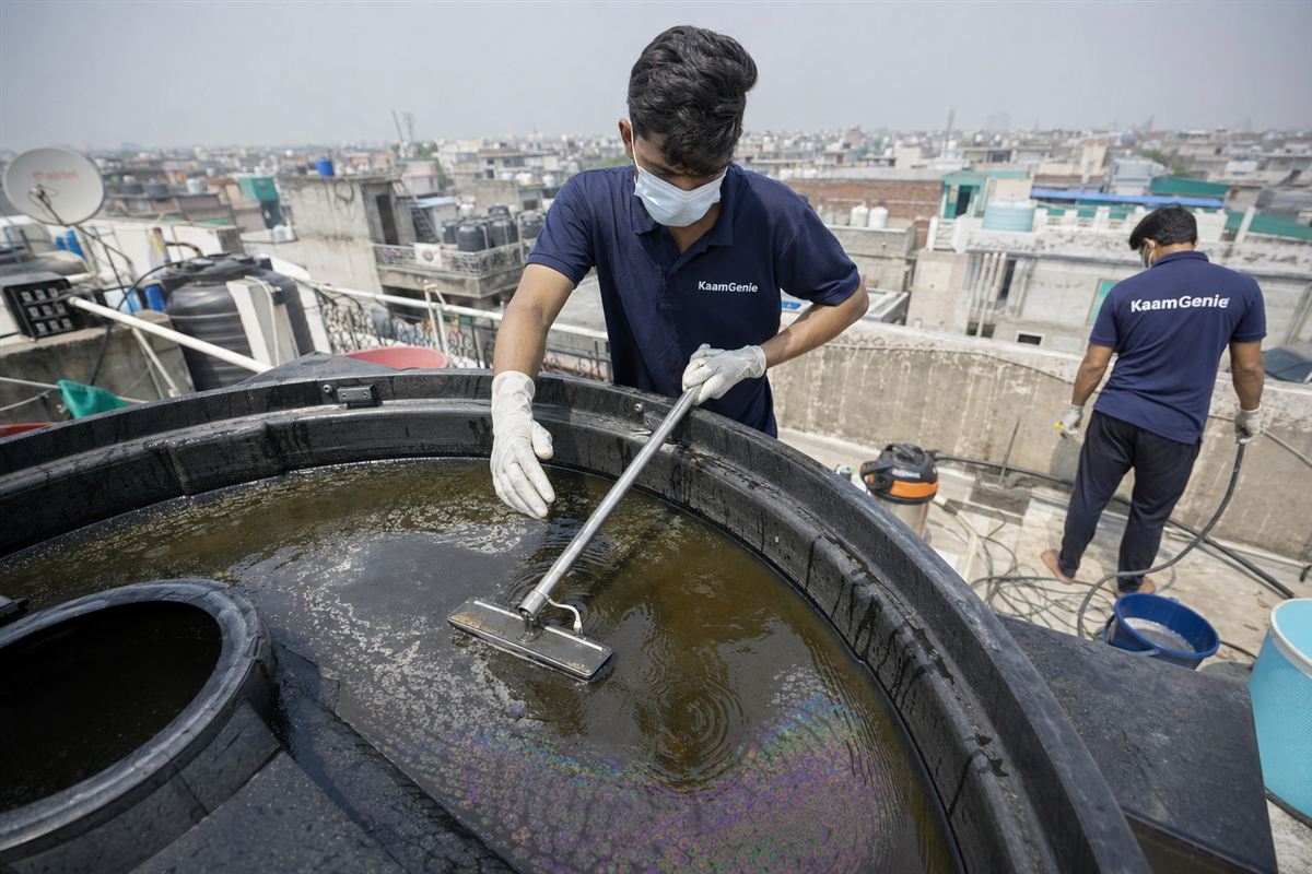 KaamGenie technician skimming an oily rainbow film off the surface of an overhead water tank on a Delhi rooftop