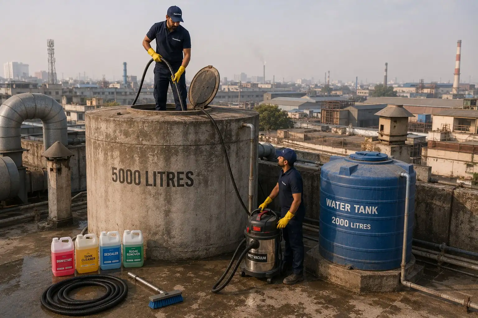 KaamGenie crew cleaning a large 5000-litre cylindrical concrete water tank on an Okhla Phase 1 industrial building rooftop