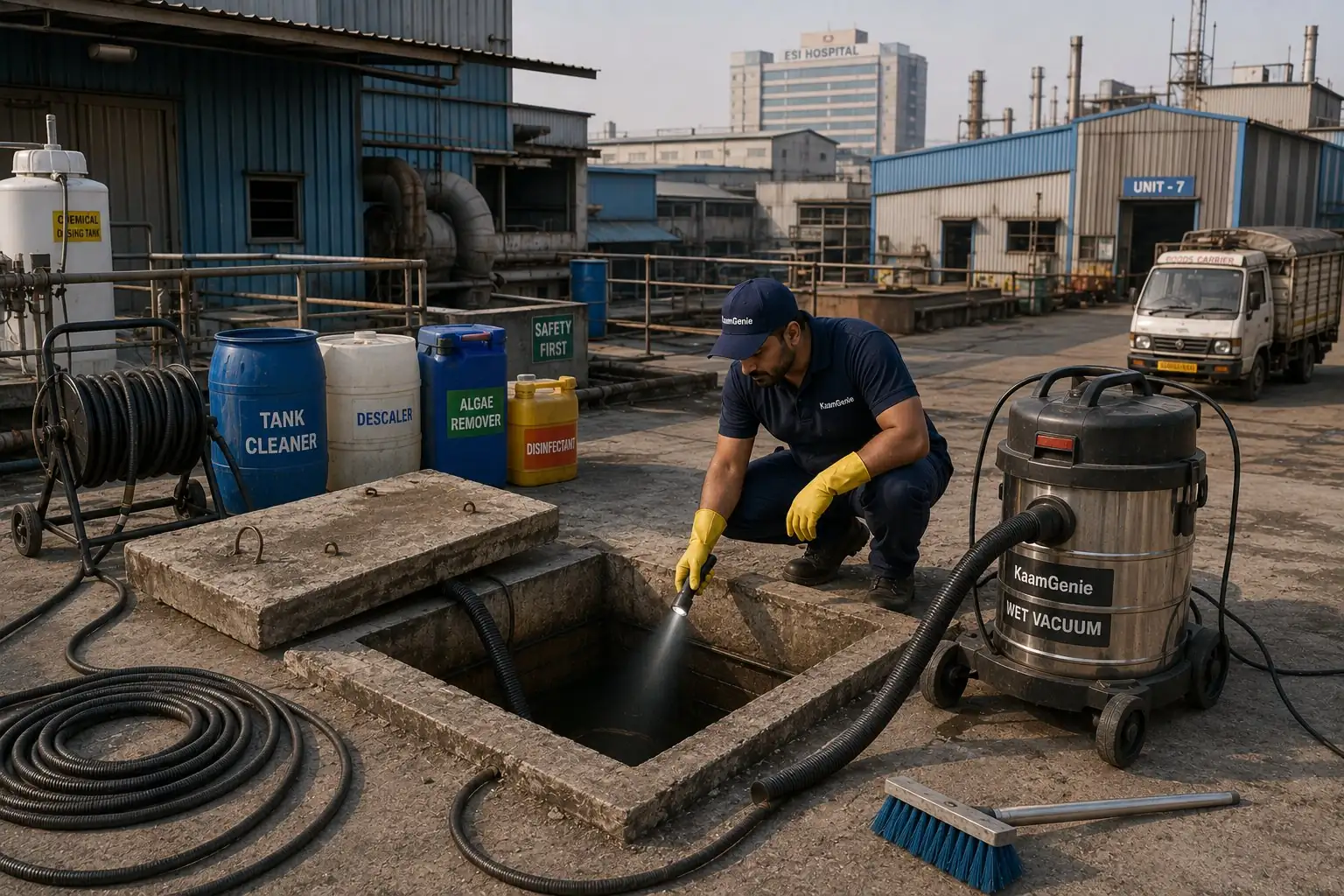 KaamGenie crew member at an opened underground concrete water tank in an Okhla Phase 2 manufacturing unit yard