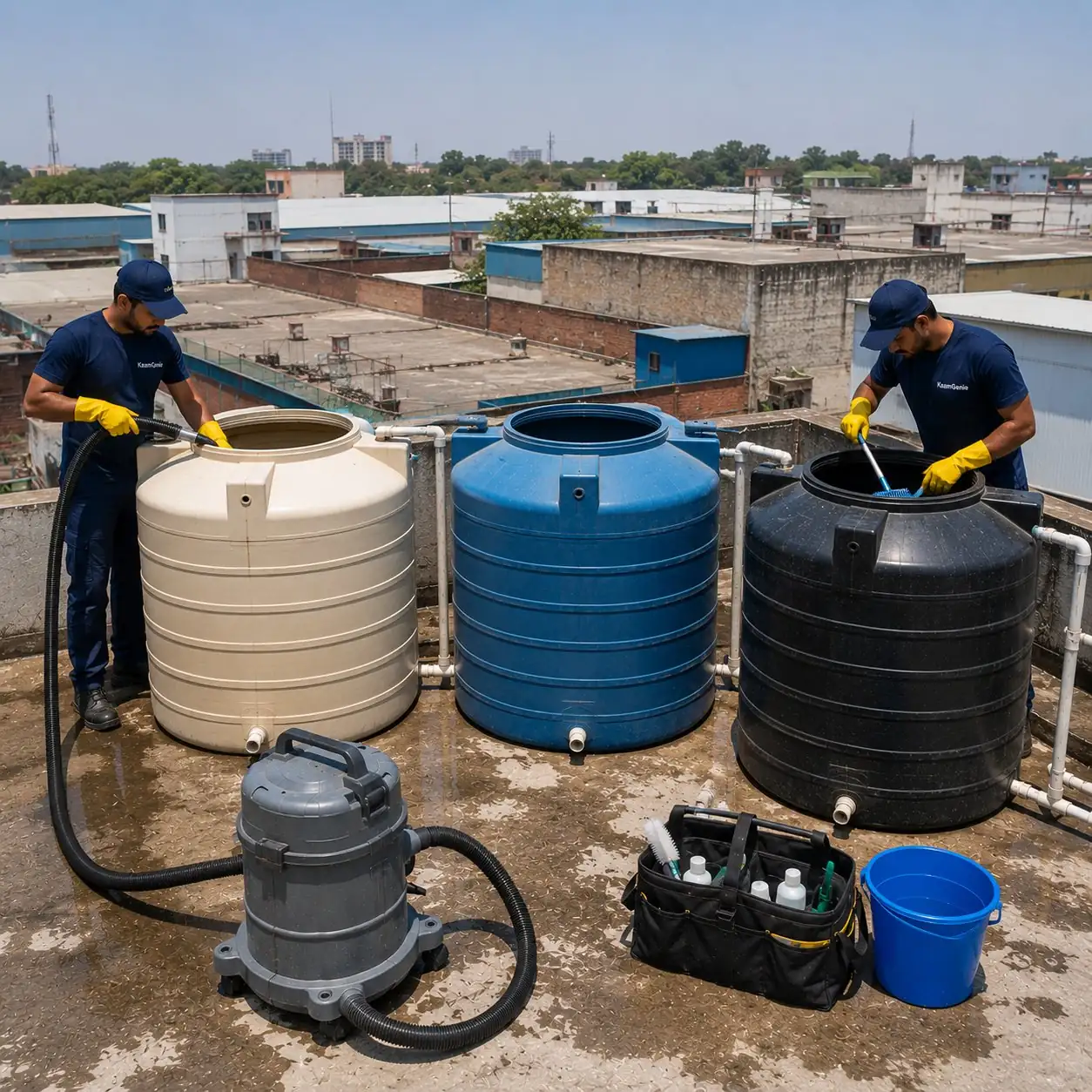 KaamGenie crew cleaning multiple overhead water tanks on an Okhla Phase 3 warehouse rooftop