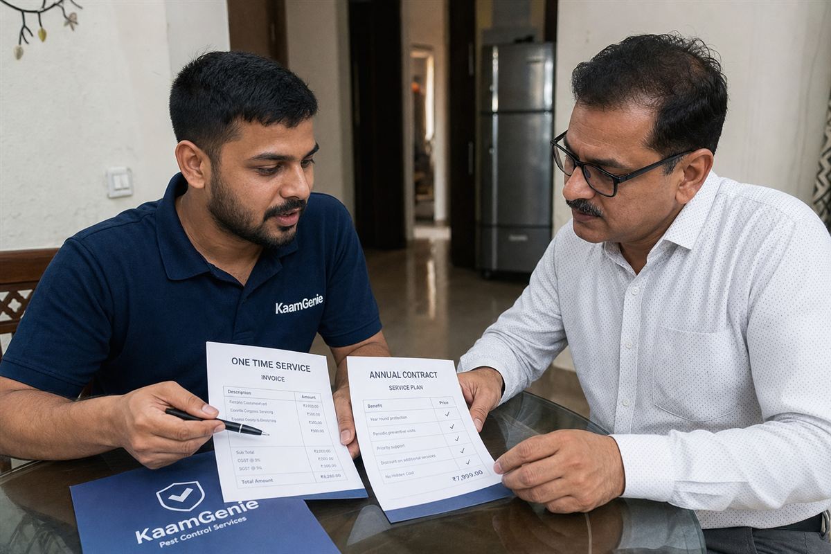 KaamGenie pest control technician on a scheduled AMC visit inspecting a Delhi home kitchen with a clipboard checklist