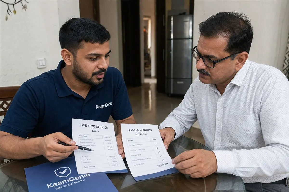 KaamGenie pest control technician on a scheduled AMC visit inspecting a Delhi home kitchen with a clipboard checklist