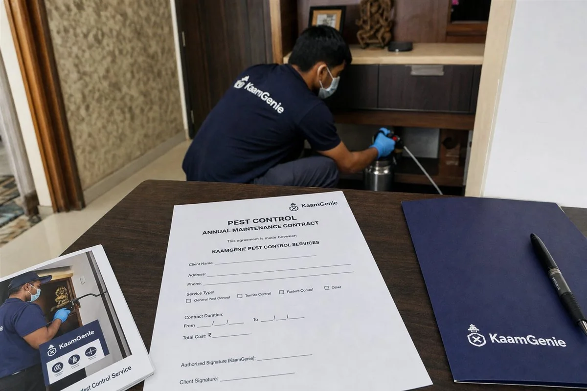 A KaamGenie technician on a scheduled quarterly AMC visit treating the kitchen of a Delhi flat while a resident watches