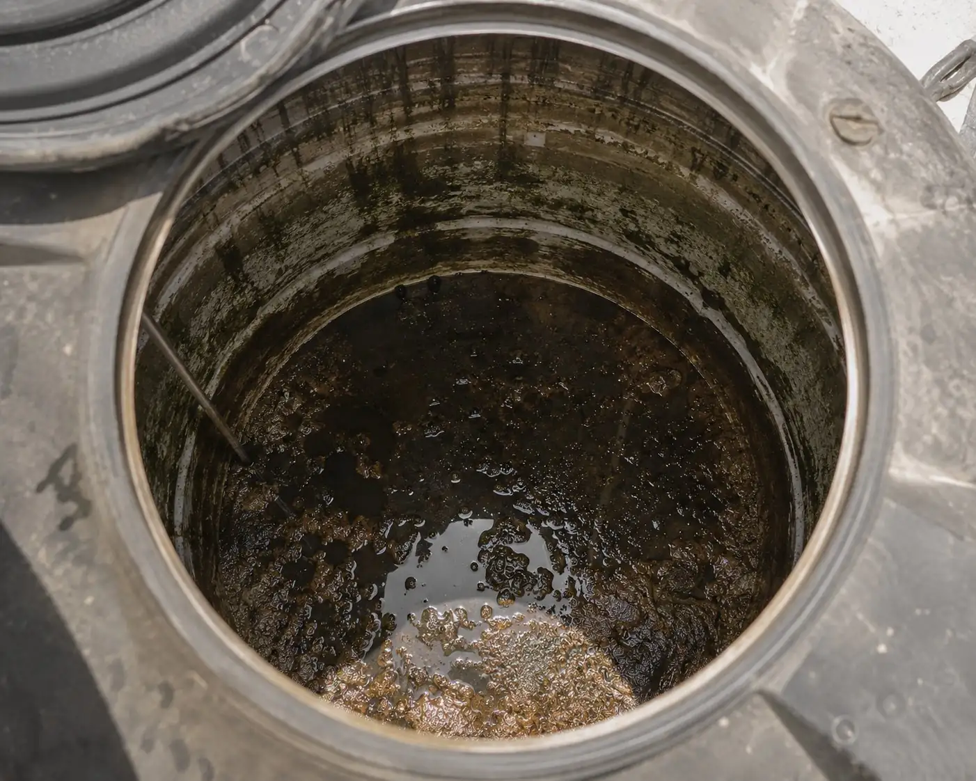 Top-down view inside a Delhi water tank that hasn't been cleaned in years - thick brown sludge at bottom, algae streaks on walls, mineral scaling, murky water surface