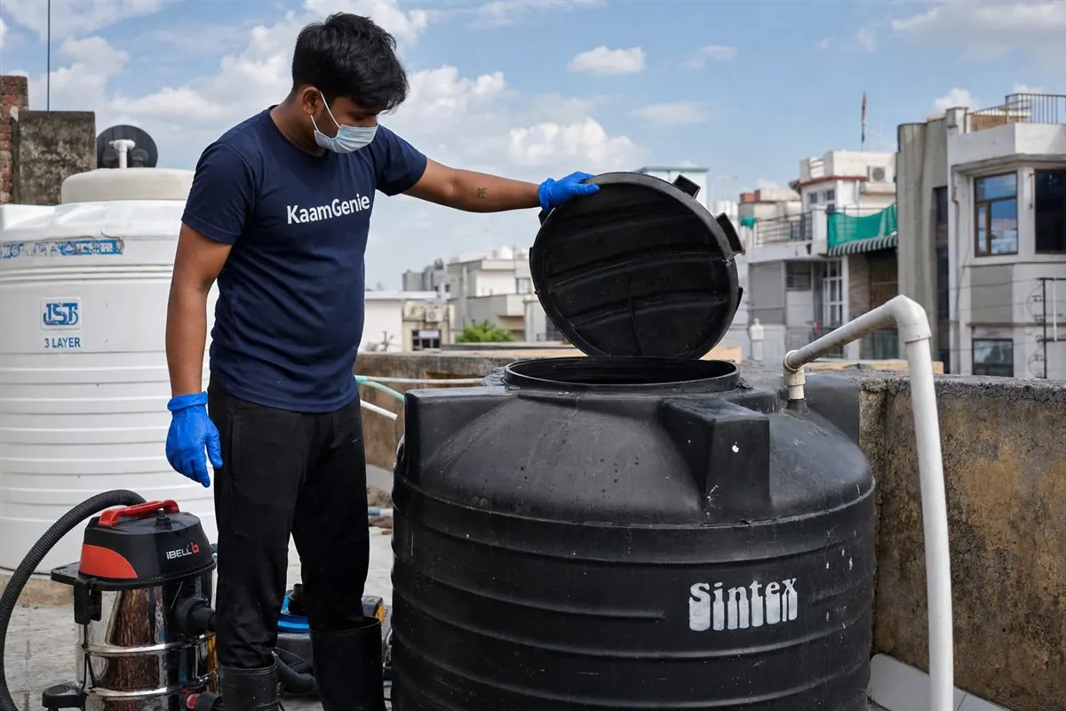 KaamGenie overhead water tank cleaning crew arriving at a Delhi home, same-day near-you service