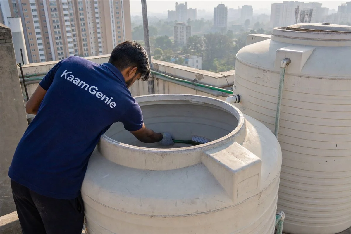A KaamGenie worker in a navy shirt cleaning a rooftop overhead tank on a Gurgaon high-rise terrace