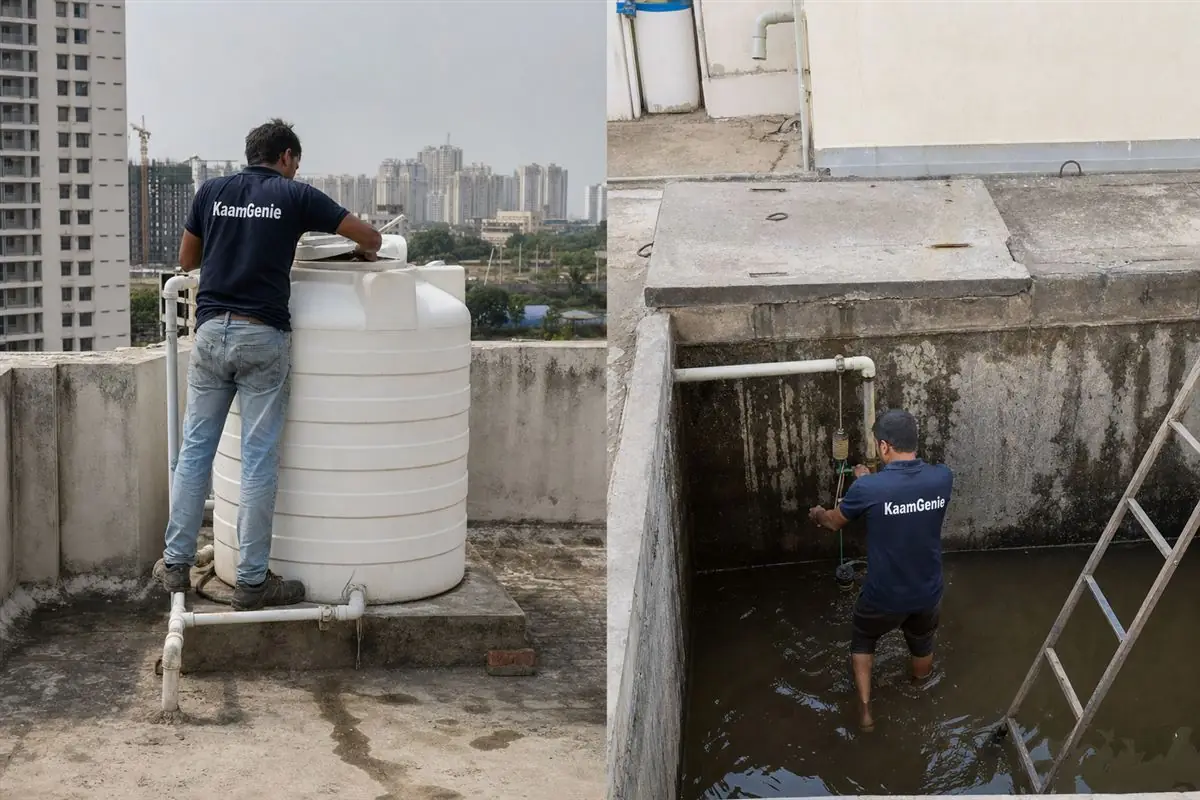 A Noida building with a rooftop overhead tank and a large underground reservoir, a KaamGenie worker in a navy shirt at each