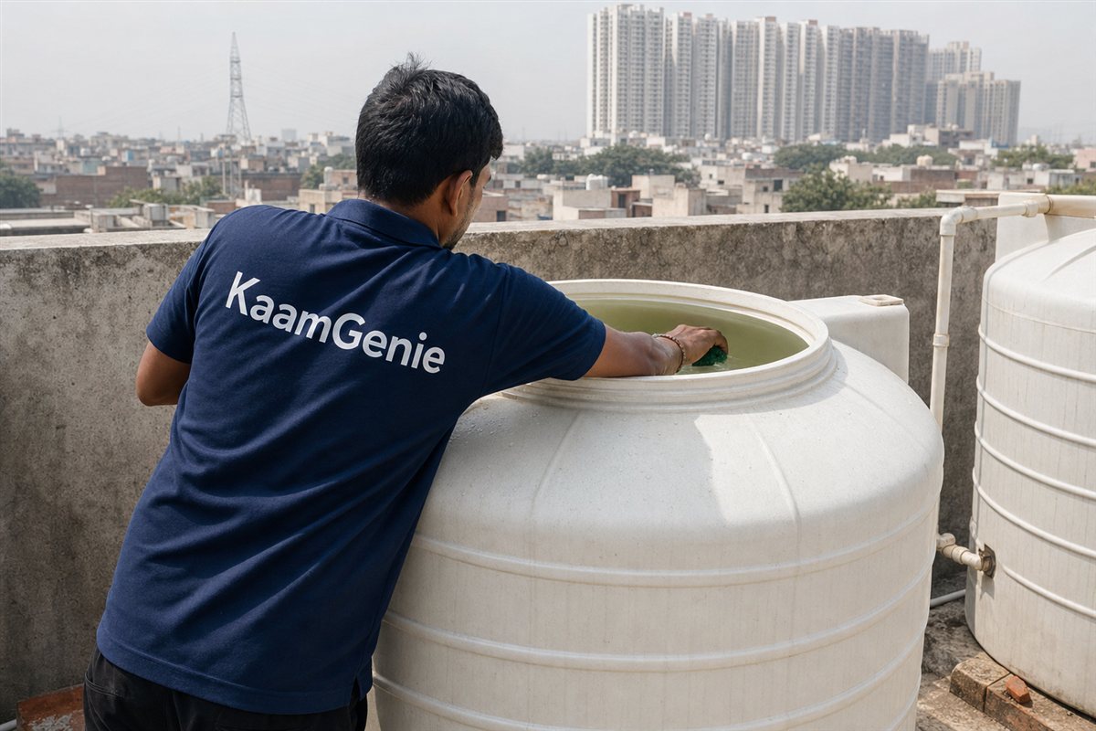 A KaamGenie worker in a navy shirt cleaning a rooftop overhead water tank on a Noida building after the underground reservoir below has been done