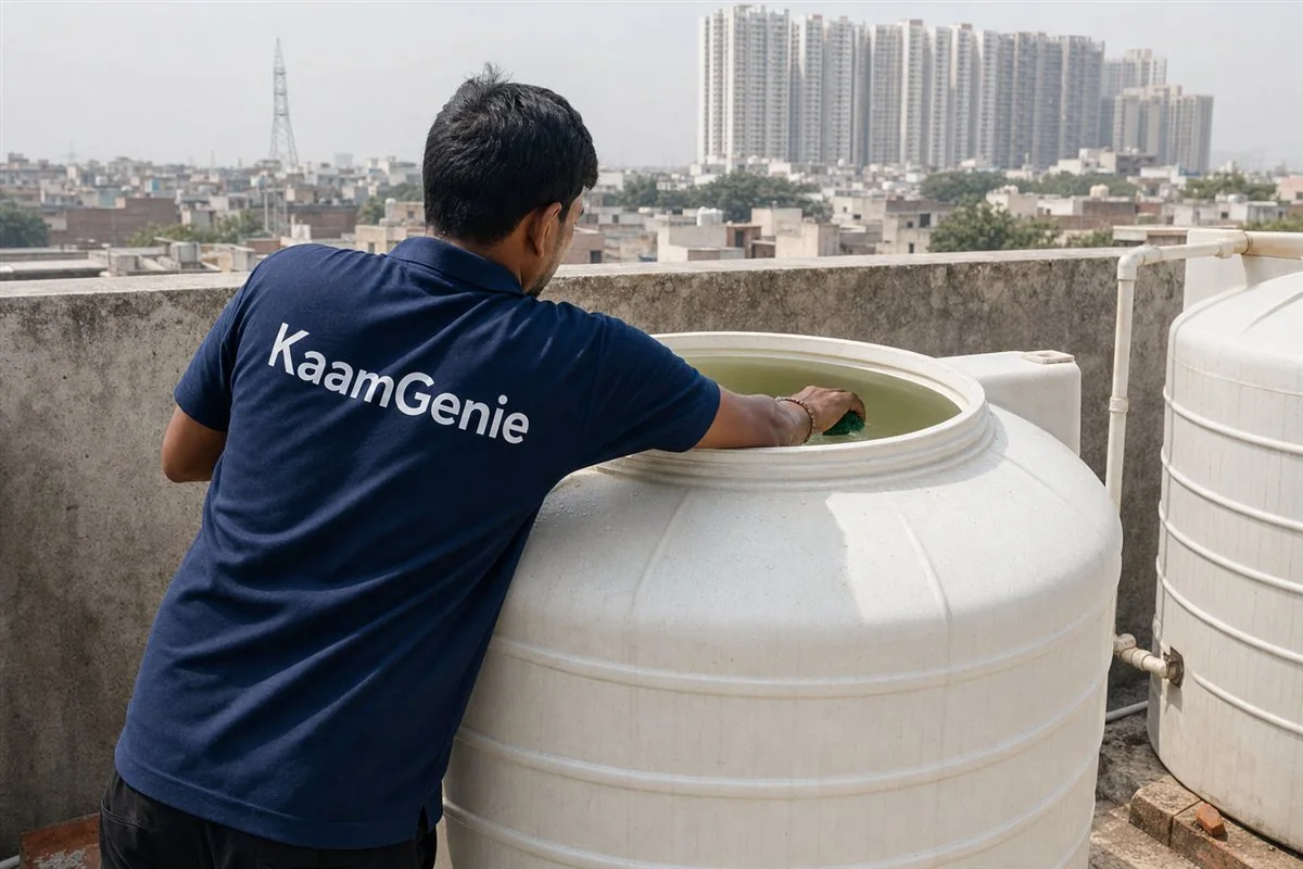 A KaamGenie worker in a navy shirt cleaning a rooftop overhead water tank on a Noida building after the underground reservoir below has been done