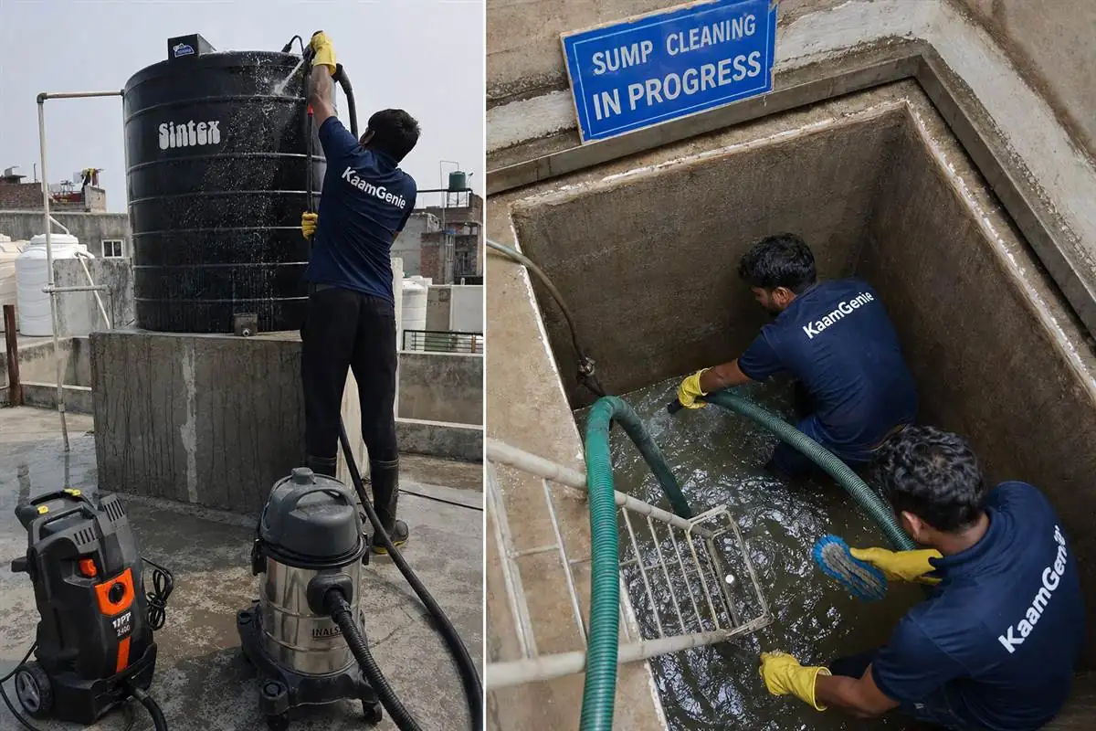 KaamGenie crew comparing a black overhead Sintex tank on a Delhi rooftop with an open underground sump below, split-scene documentary photo