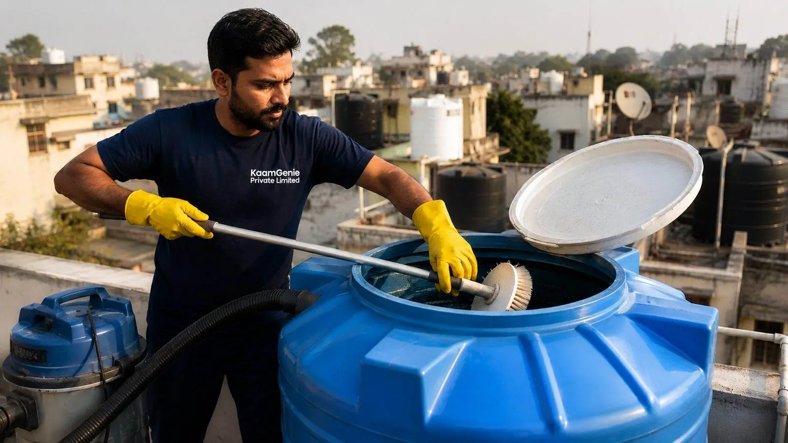 KaamGenie crew member cleaning a 1000-litre overhead water tank on a South Delhi rooftop