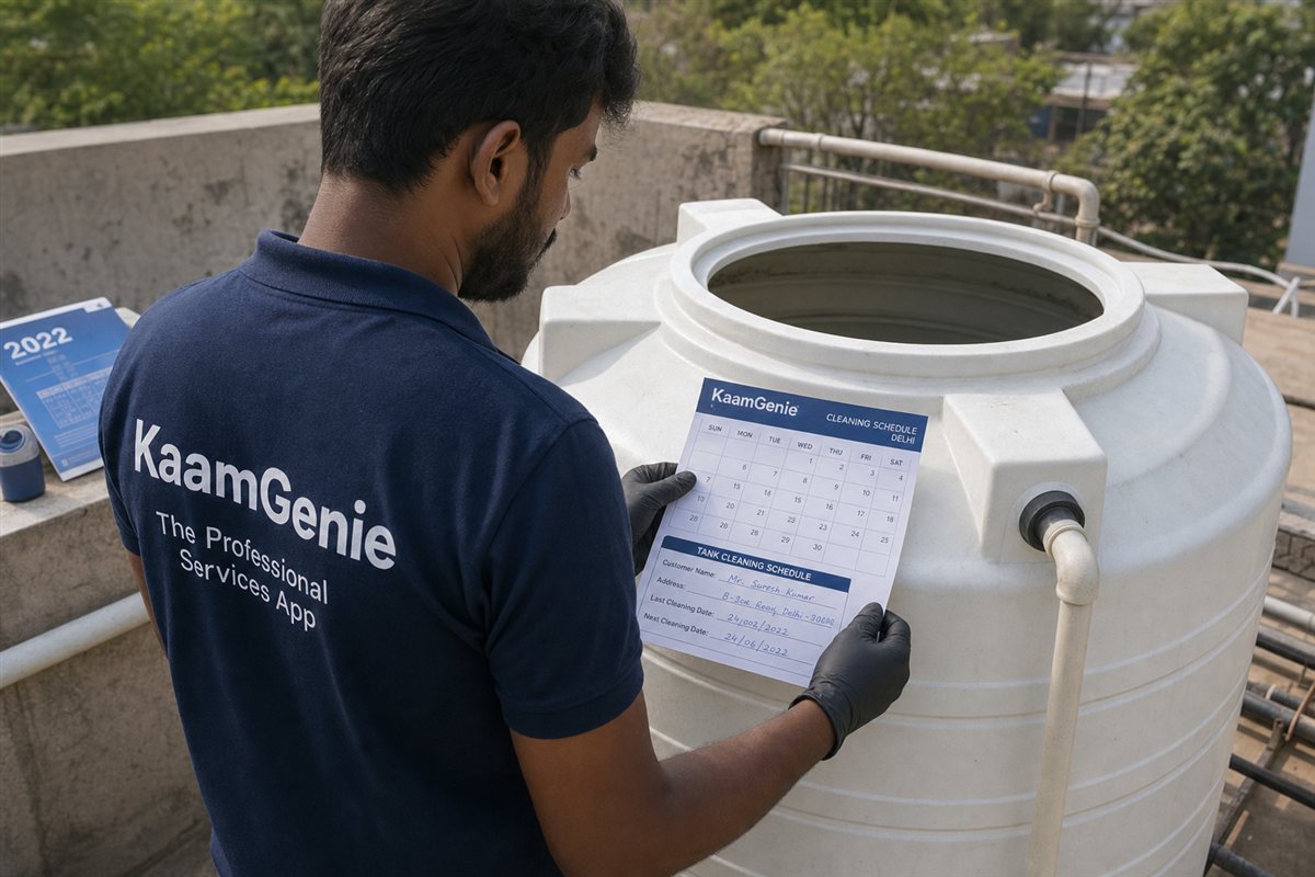 KaamGenie crew member in navy-blue branded shirt inspecting a clean overhead water tank with a calendar and schedule in Delhi