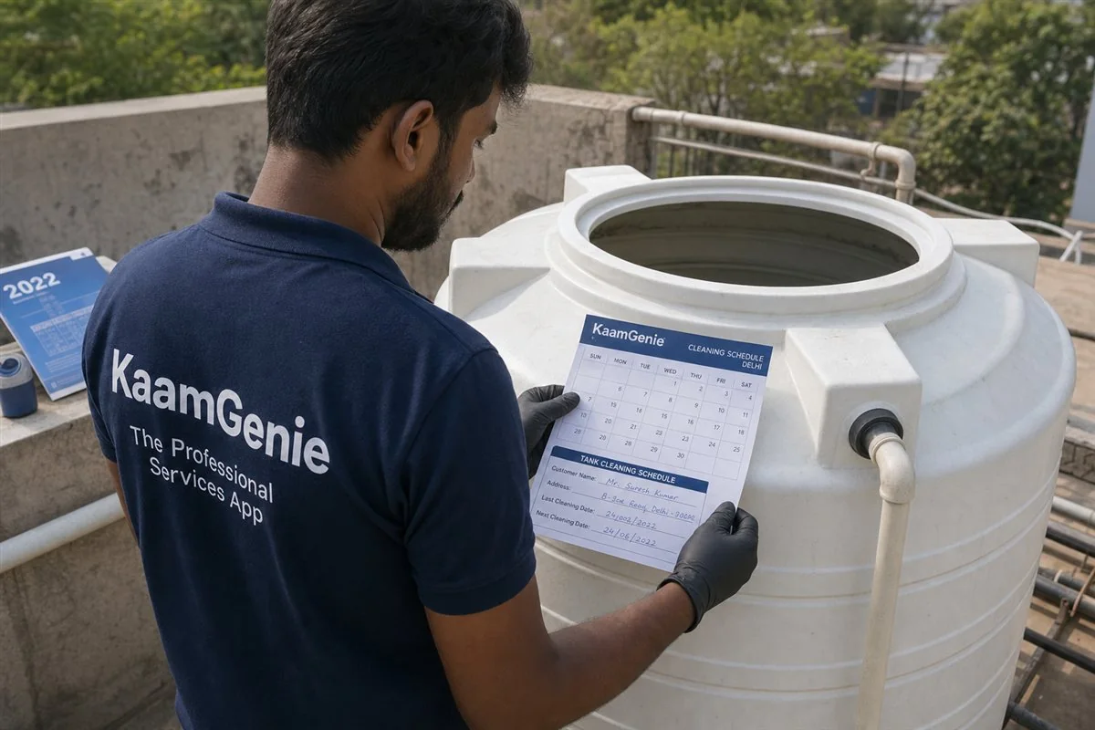 KaamGenie crew member in navy-blue branded shirt inspecting a clean overhead water tank with a calendar and schedule in Delhi