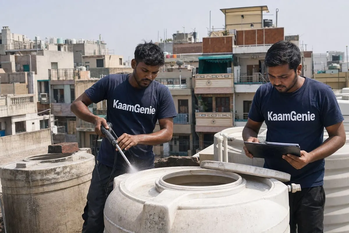 KaamGenie crew cleaning a water tank in Padam Nagar, North Delhi
