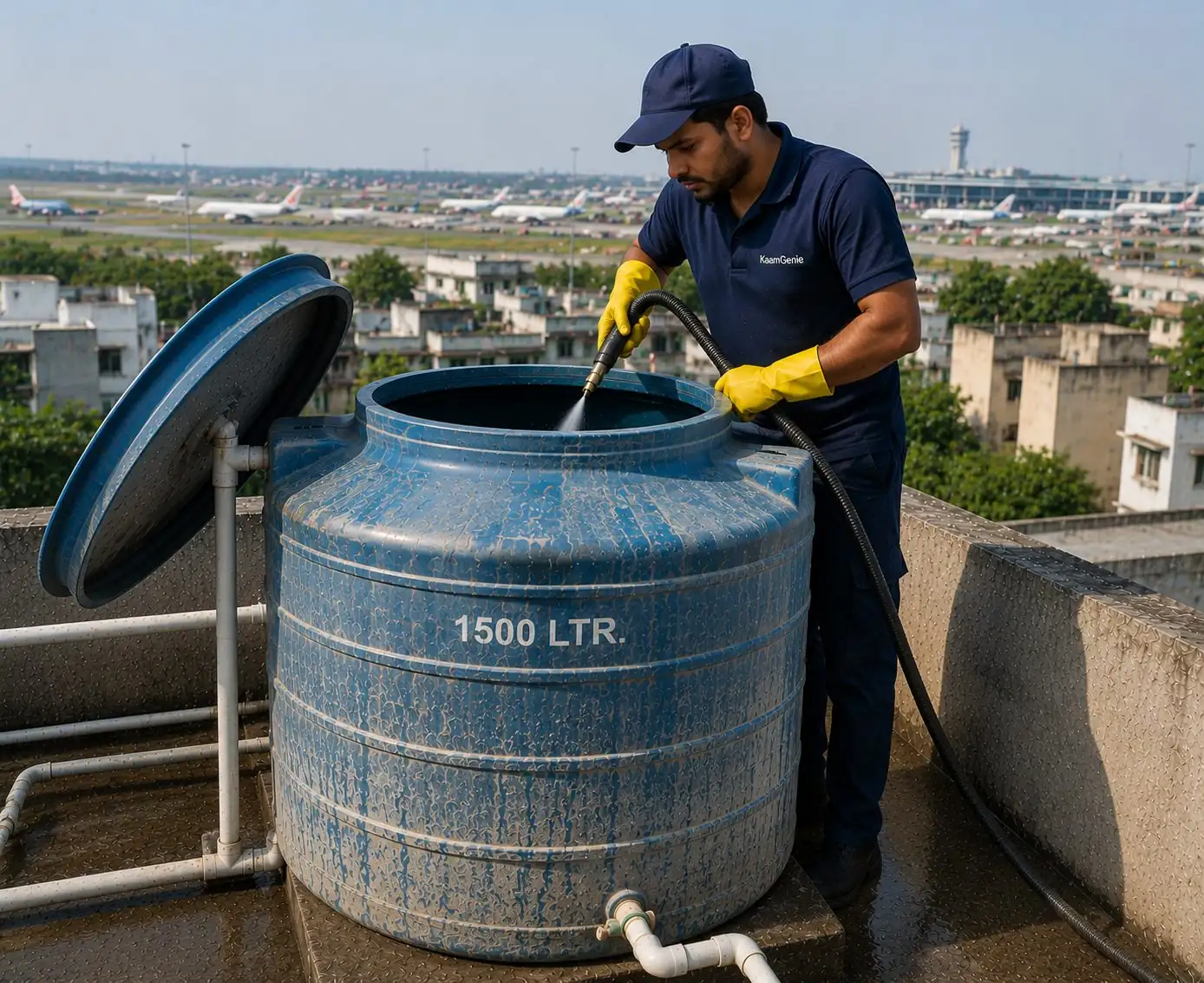 KaamGenie crew cleaning a water tank in Palam, South Delhi