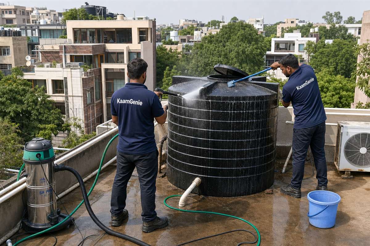 KaamGenie crew cleaning a water tank in Panchsheel Enclave, Delhi