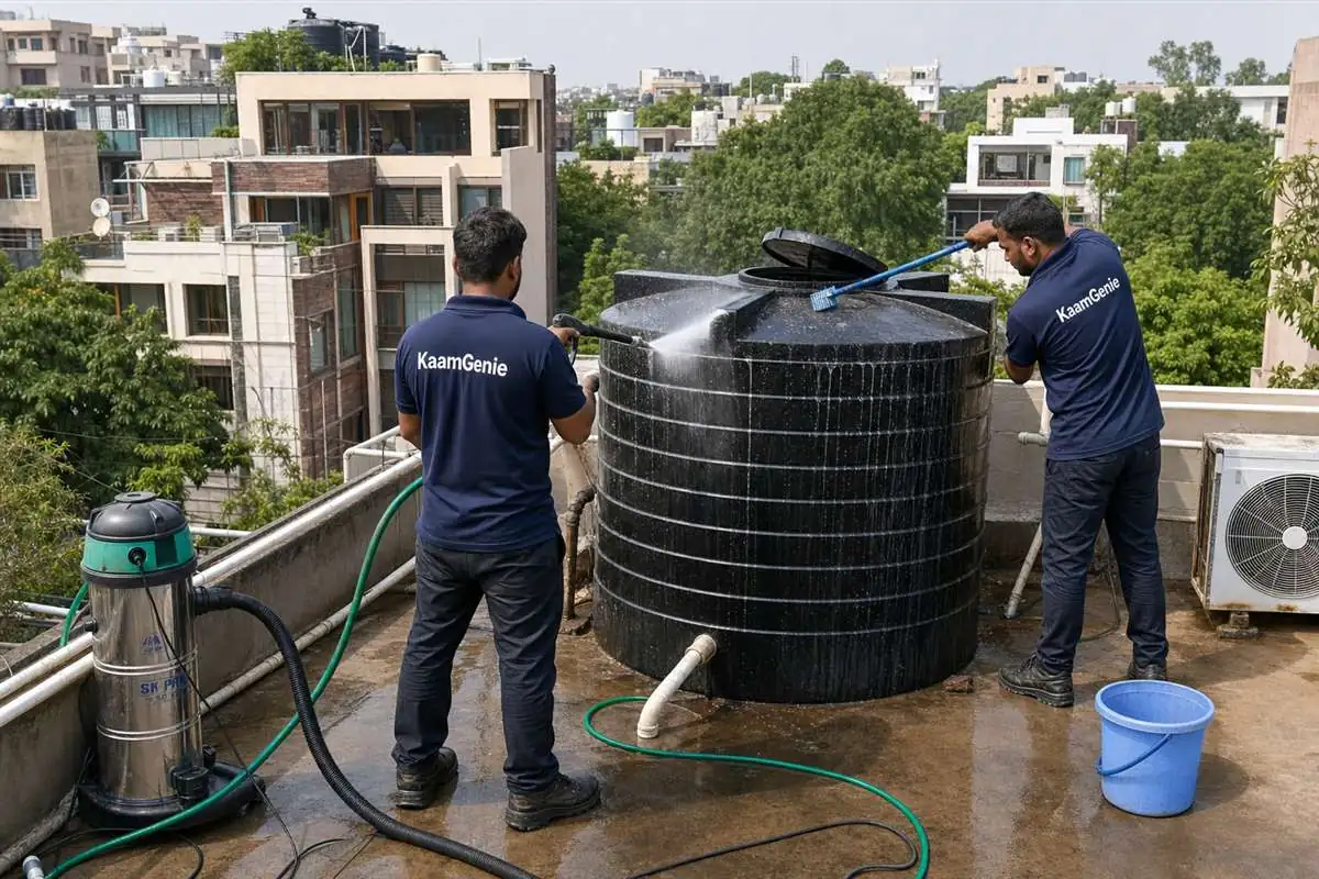 KaamGenie crew cleaning a water tank in Panchsheel Enclave, Delhi