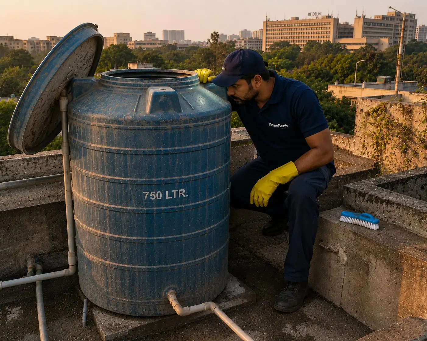 KaamGenie crew cleaning a water tank in Panchsheel Park, South Delhi