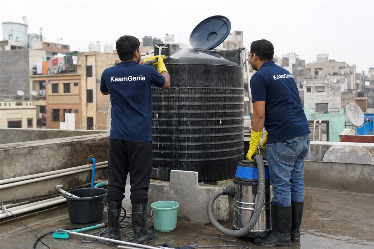 KaamGenie crew cleaning a water tank in Pandav Nagar, Delhi