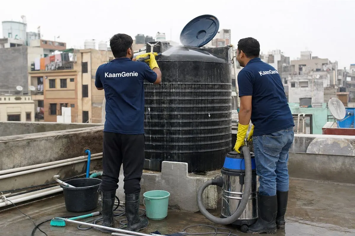 KaamGenie crew cleaning a water tank in Pandav Nagar, Delhi