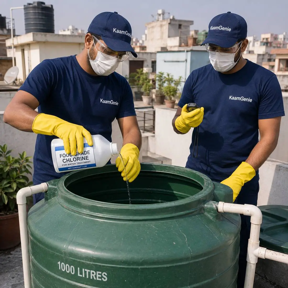 KaamGenie crew cleaning a water tank in Patel Nagar, West Delhi