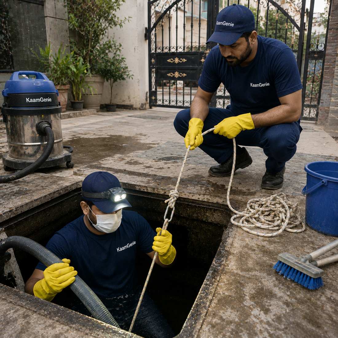 KaamGenie crew cleaning a water tank in Peeragarhi, West Delhi