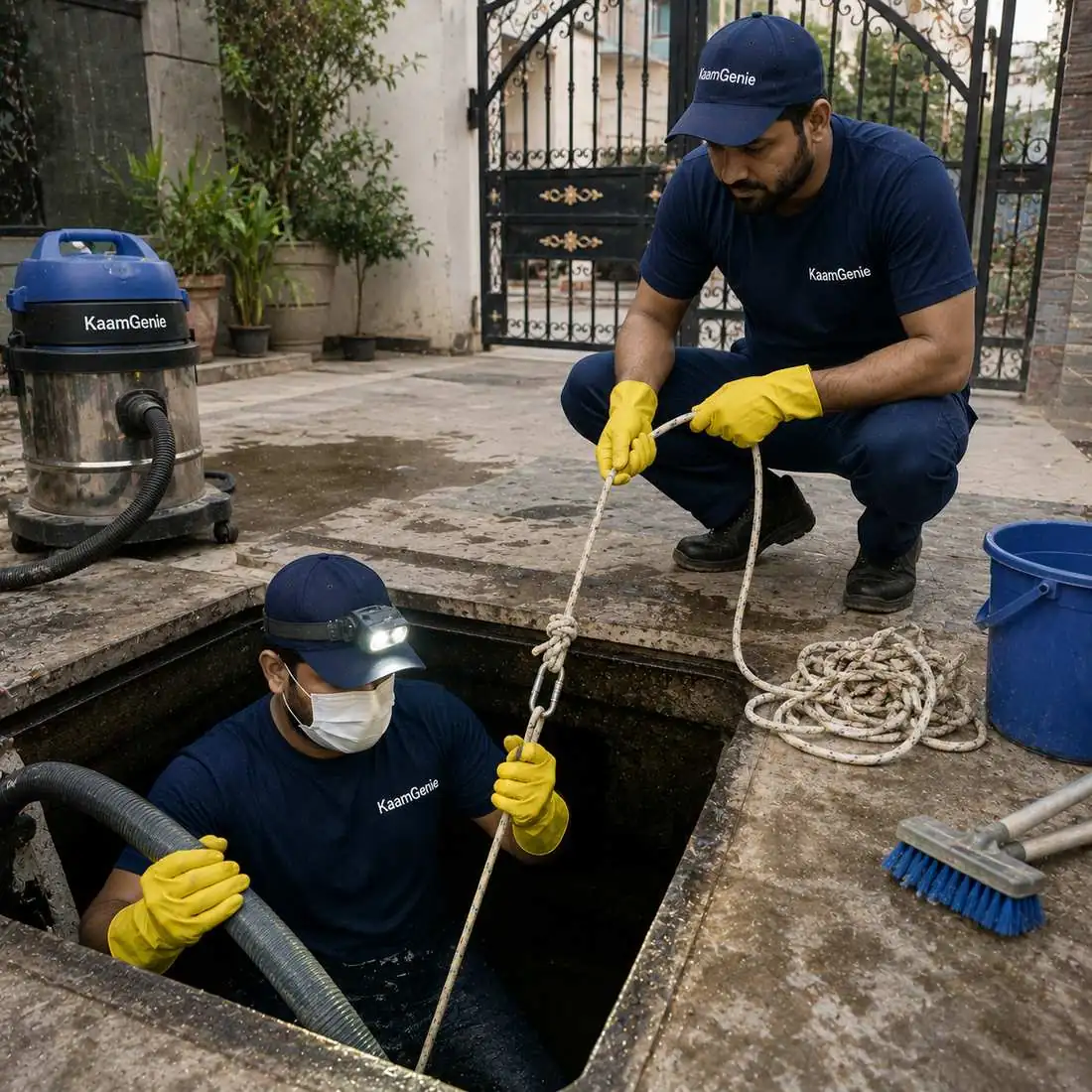KaamGenie crew cleaning a water tank in Peeragarhi, West Delhi