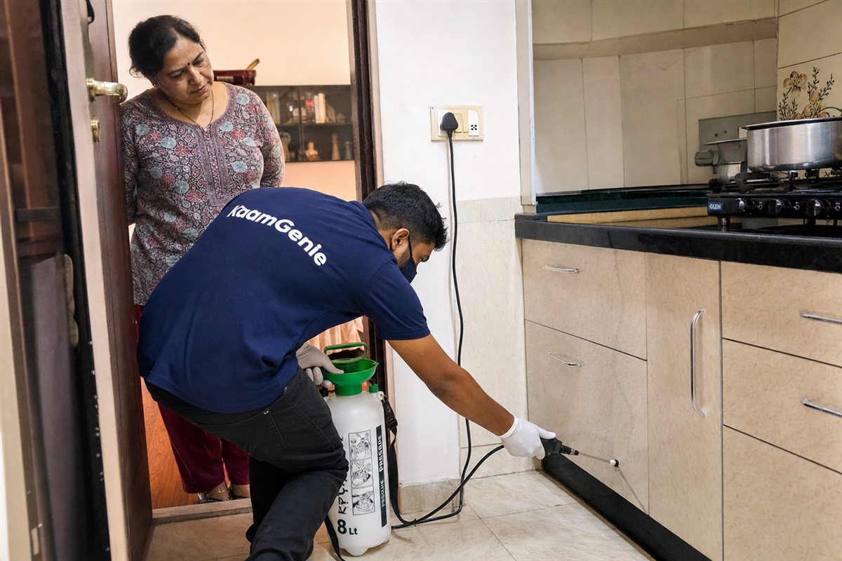 KaamGenie pest control technician treating a DDA flat in Alaknanda, South Delhi