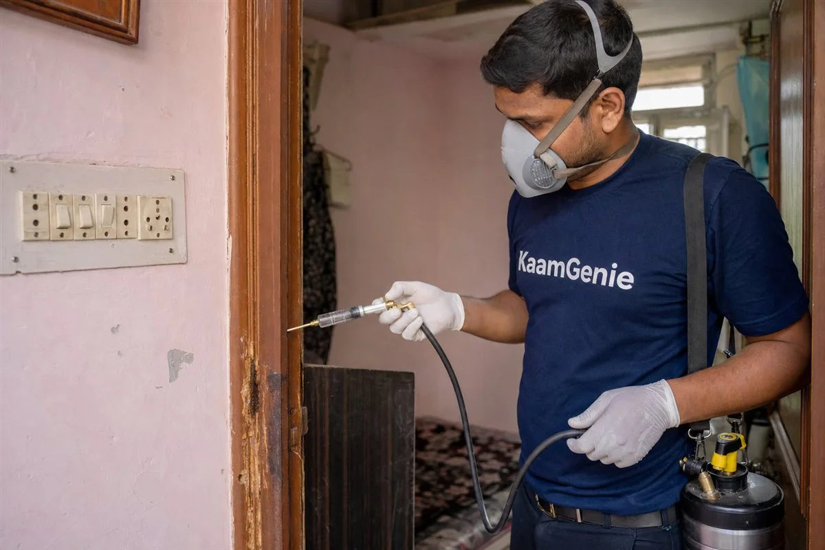 KaamGenie pest control technician treating an older DDA flat in Andrews Ganj, South Delhi