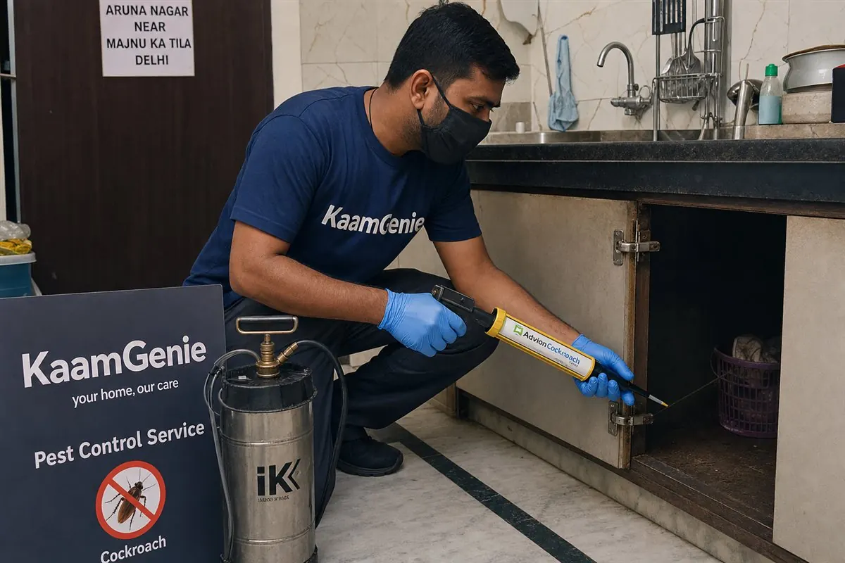 KaamGenie pest control technician treating a Aruna Nagar property in North Delhi / Central Delhi