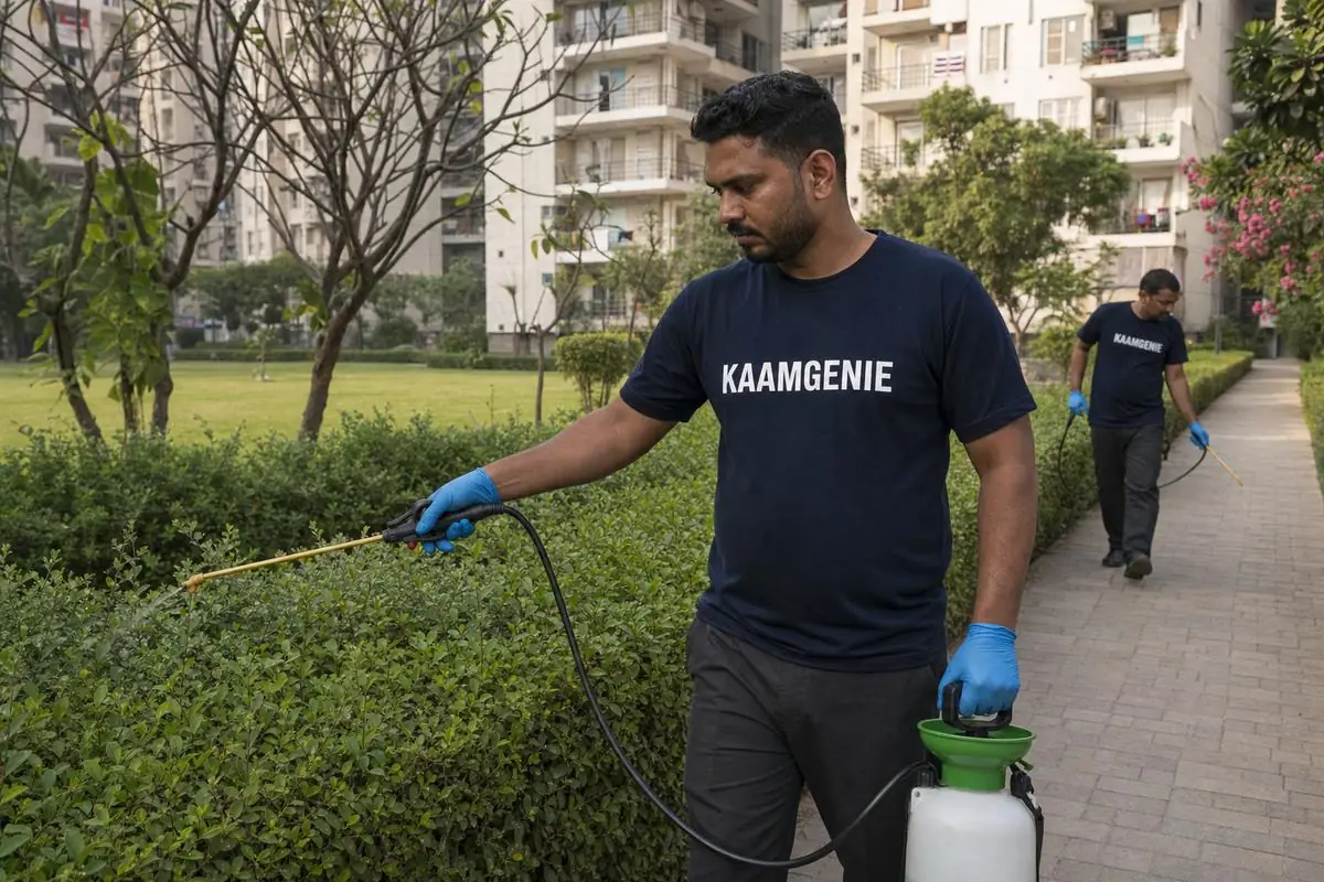 KaamGenie pest control technician treating a Avantika property in North-West Delhi