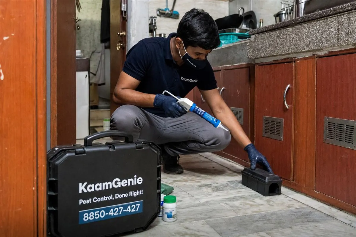 KaamGenie pest control technician treating a dense low-rise home in Aya Nagar, South Delhi