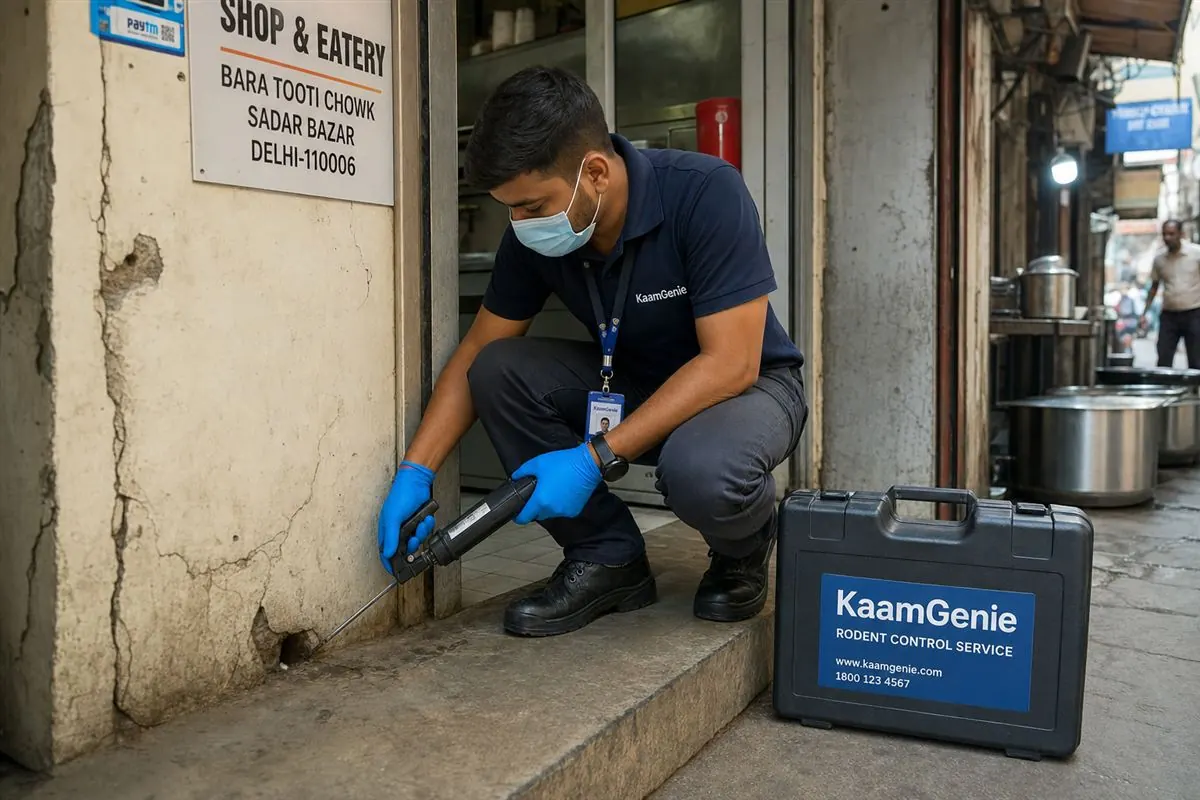 KaamGenie pest control technician treating a Bara Tooti property in North Delhi / Central Delhi