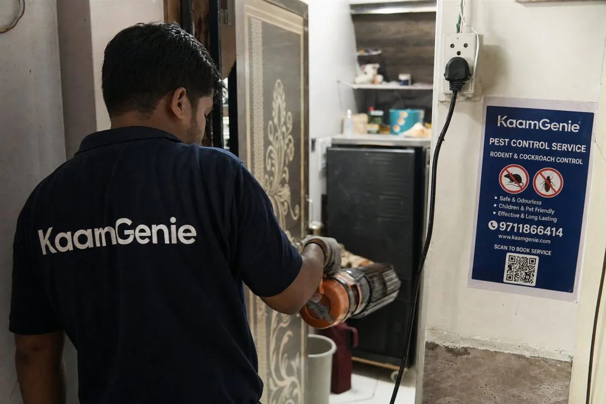 KaamGenie pest control technician treating a Begumpur property in North Delhi / Central Delhi