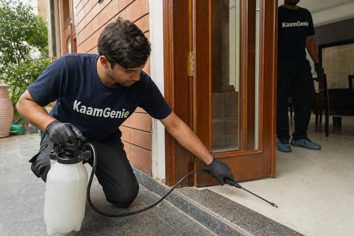KaamGenie pest control technician treating a Bharat Nagar property in South Delhi