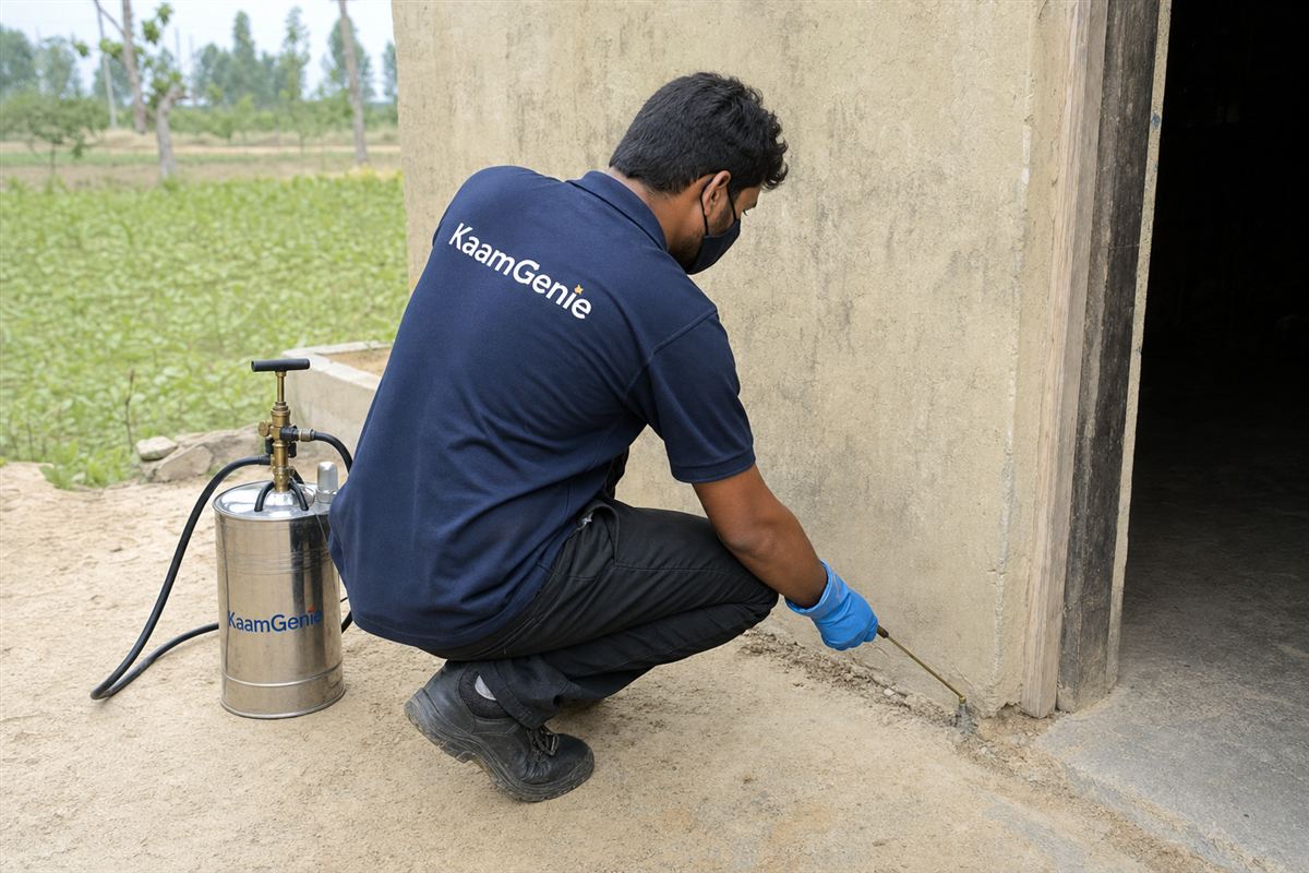 KaamGenie pest control technician treating a Bijwasan property in South-West Delhi