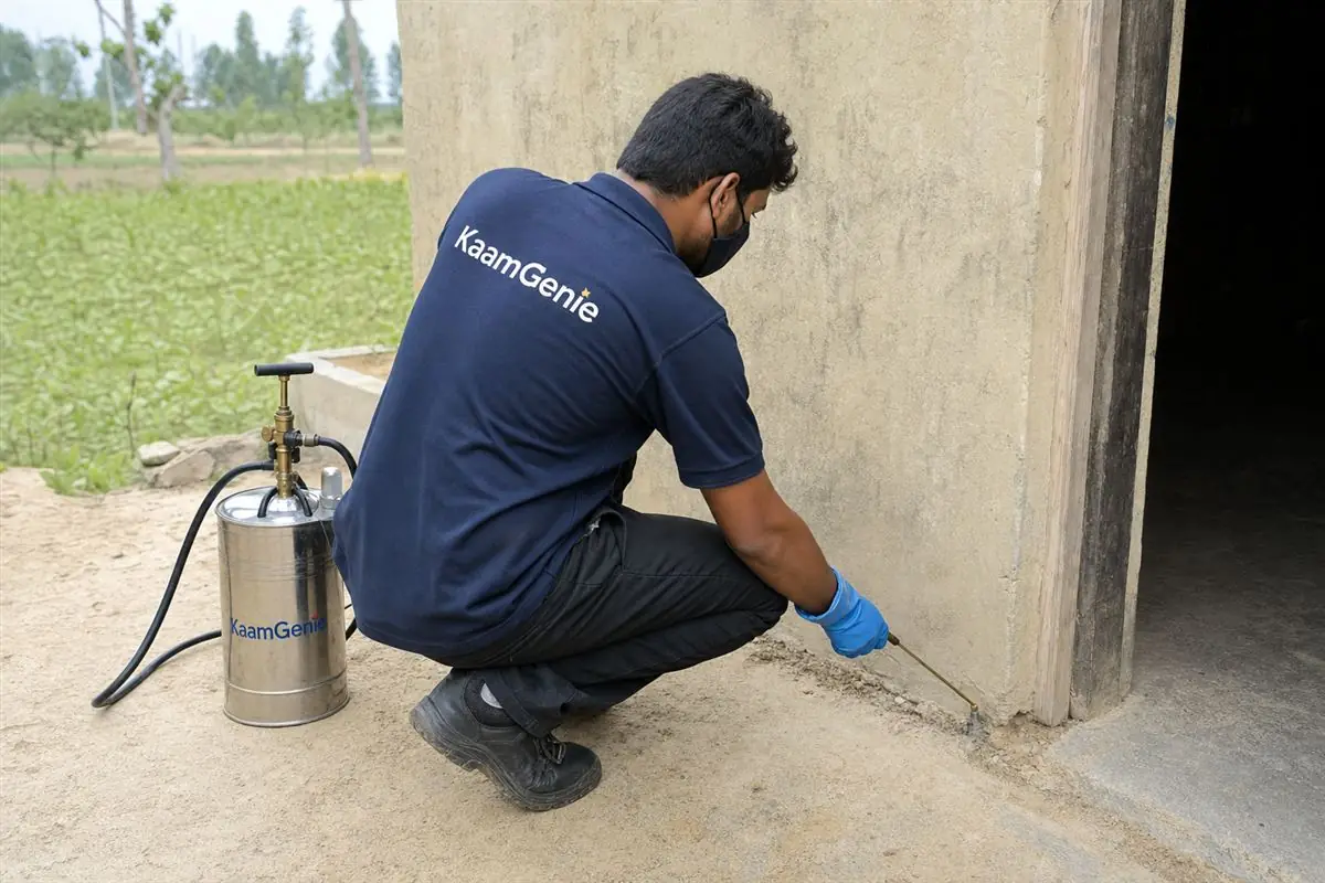KaamGenie pest control technician treating a Bijwasan property in South-West Delhi