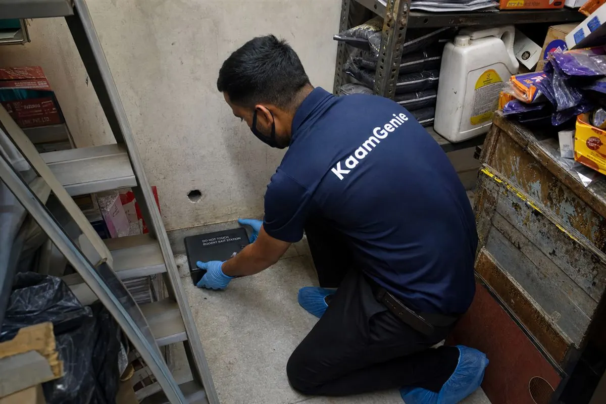 KaamGenie pest control technician treating a Brahampuri property in East Delhi